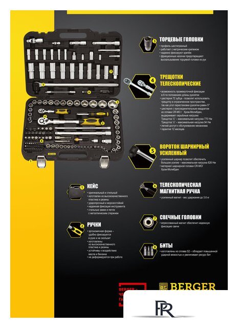 Универсальный набор инструментов Berger BG135-1214 (135 предметов) - Изображение №9 — Интернет-магазин ПроЗаказ