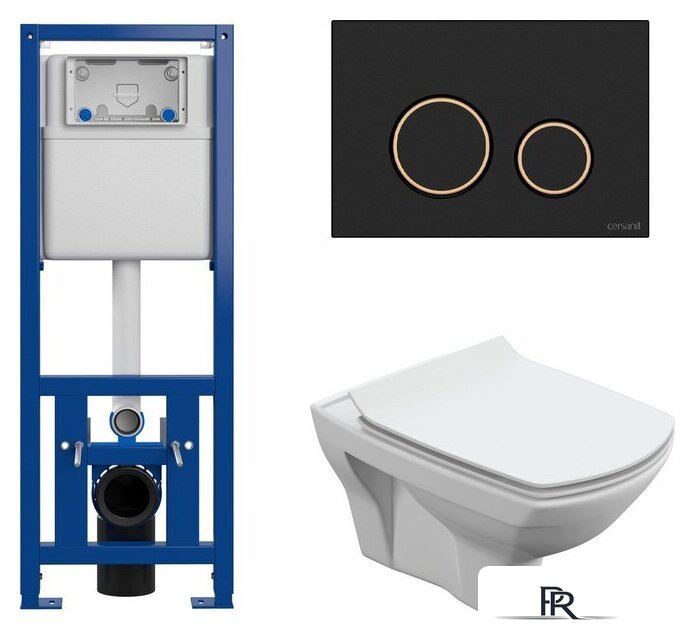 Унитаз подвесной Cersanit Carina New Clean On с инстал. Link Pro (с кнопкой Twins 63534 черный/золото) - Изображение №1 — Интернет-магазин ПроЗаказ