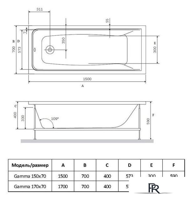 Ванна Alba Spa Gamma 170x70 (с ножками и экраном) - Изображение №3 — Интернет-магазин ПроЗаказ