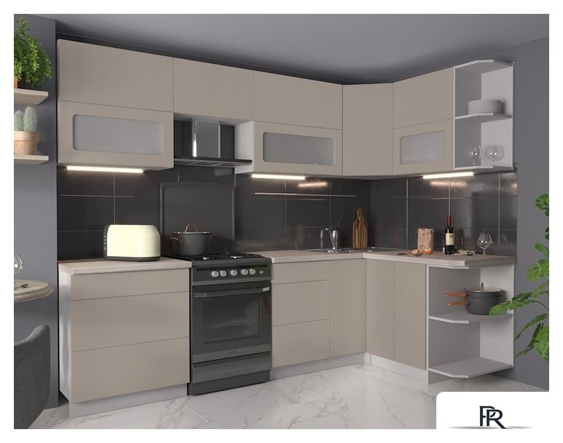 Готовая кухня Интерлиния Мила Матте 1.5x2.7 Б правая (луна-луна-травертин серый) - Изображение №3 — Интернет-магазин ПроЗаказ