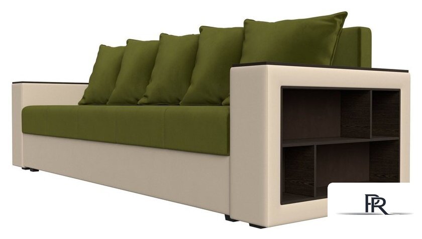 Диван Лига диванов Дубай Лайт полки справа 114327 (микровельвет зеленый/экокожа бежевый) - Изображение №3 — Интернет-магазин ПроЗаказ