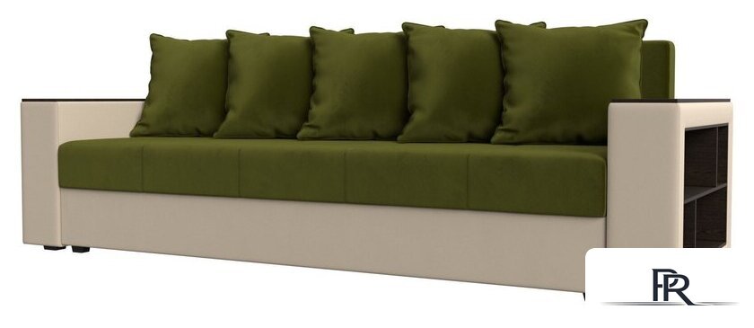 Диван Лига диванов Дубай Лайт полки справа 114327 (микровельвет зеленый/экокожа бежевый) - Изображение №1 — Интернет-магазин ПроЗаказ