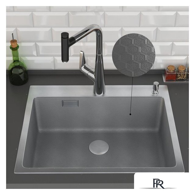 Кухонная мойка Roxen Snake 560220-60-S сатин/текстурная поверхность (с коландером и дозатором) - Изображение №4 — Интернет-магазин ПроЗаказ