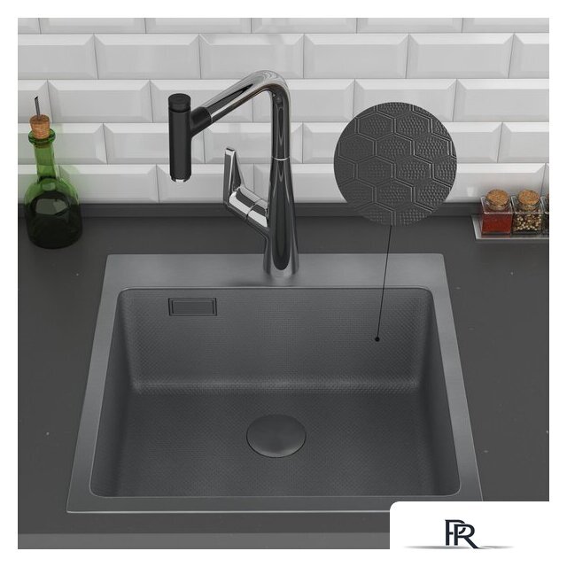 Кухонная мойка Roxen Snake 560220-50-BS (50*48) PVD графит/текстурная поверхность (с коландером и дозатором) - Изображение №5 — Интернет-магазин ПроЗаказ