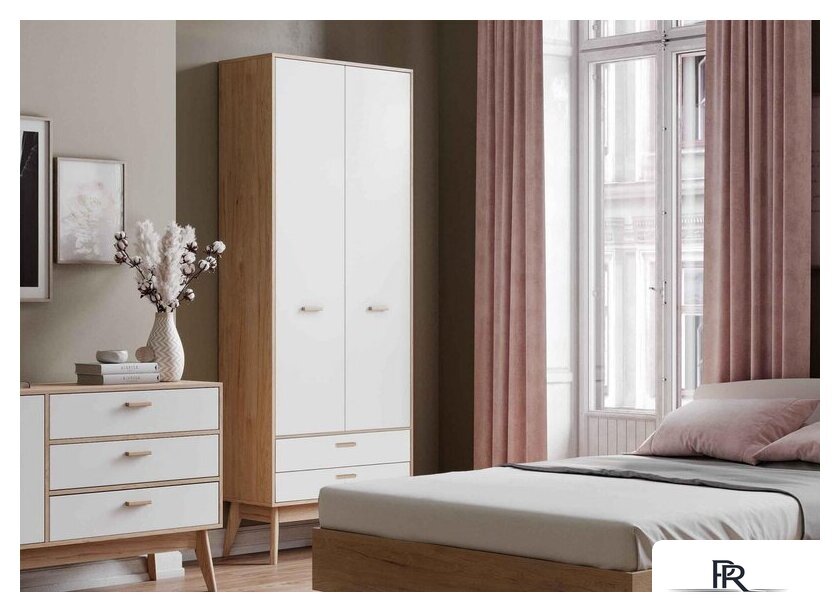 Шкаф распашной Мебельград Калгари 2дв 2ящ 80.5x58x220 (дуб натуральный светлый/белый матовый) - Изображение №2 — Интернет-магазин ПроЗаказ