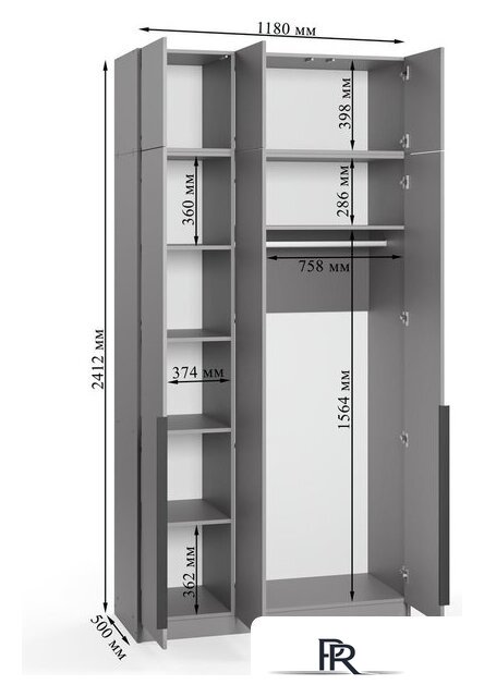 Шкаф распашной Soma Lord Black 3-х створчатый 120x240 (серый) - Изображение №8 — Интернет-магазин ПроЗаказ
