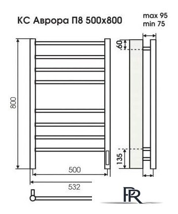 Полотенцесушитель TERMINUS Аврора П8 500x800 9005 электро (черный) - Изображение №3 — Интернет-магазин ПроЗаказ