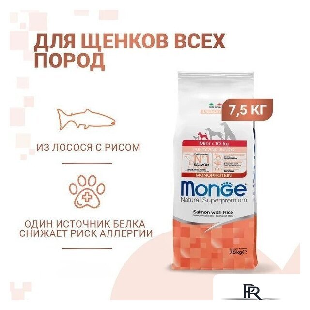 Сухой корм для собак Monge Speciality Line Mini Puppy and Junior Monoprotein с лососем и рисом 7.5 кг - Изображение №2 — Интернет-магазин ПроЗаказ