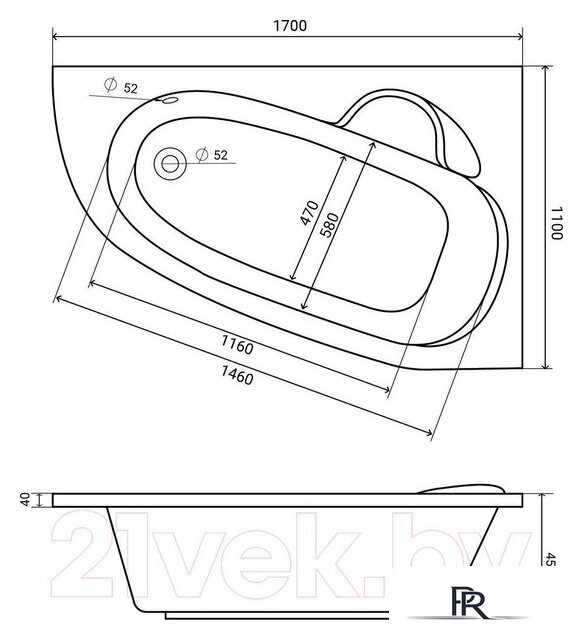 Ванна Lauter Valencia 170x110 2102170R (с ножками) - Изображение №14 — Интернет-магазин ПроЗаказ