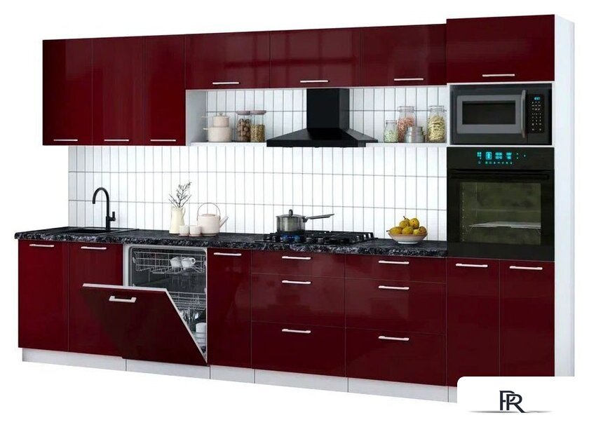 Готовая кухня Интерлиния Мила Gloss 3.5-ПМ1-2 (бордовый глянец/бордовый глянец/кастилло темный) - Изображение №1 — Интернет-магазин ПроЗаказ