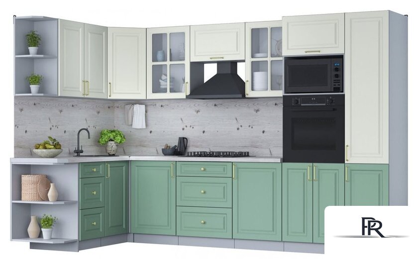 Готовая кухня Интерлиния Мила Шато 1.68x3.2 ВТ левая (белый/мята/бискайская сосна) - Изображение №1 — Интернет-магазин ПроЗаказ