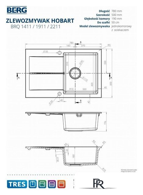 Кухонная мойка Berg Hobart BRQ2211 - Изображение №2 — Интернет-магазин ПроЗаказ