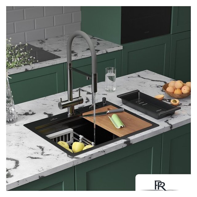Кухонная мойка Roxen Stage 560250-60B PVD графит (c держателем для ножей, двумя коландерами, разделочной доской и дозатором) - Изображение №2 — Интернет-магазин ПроЗаказ