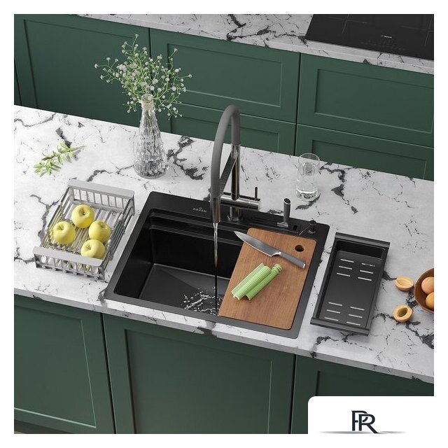 Кухонная мойка Roxen Stage 560250-60B PVD графит (c держателем для ножей, двумя коландерами, разделочной доской и дозатором) - Изображение №1 — Интернет-магазин ПроЗаказ