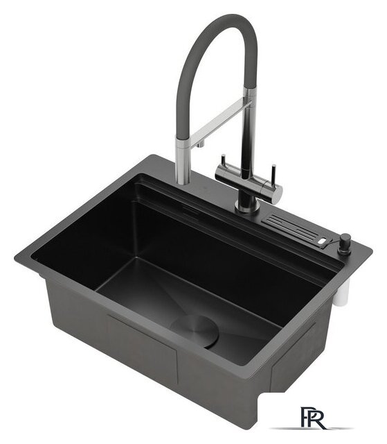 Кухонная мойка Roxen Stage 560250-60B PVD графит (c держателем для ножей, двумя коландерами, разделочной доской и дозатором) - Изображение №4 — Интернет-магазин ПроЗаказ