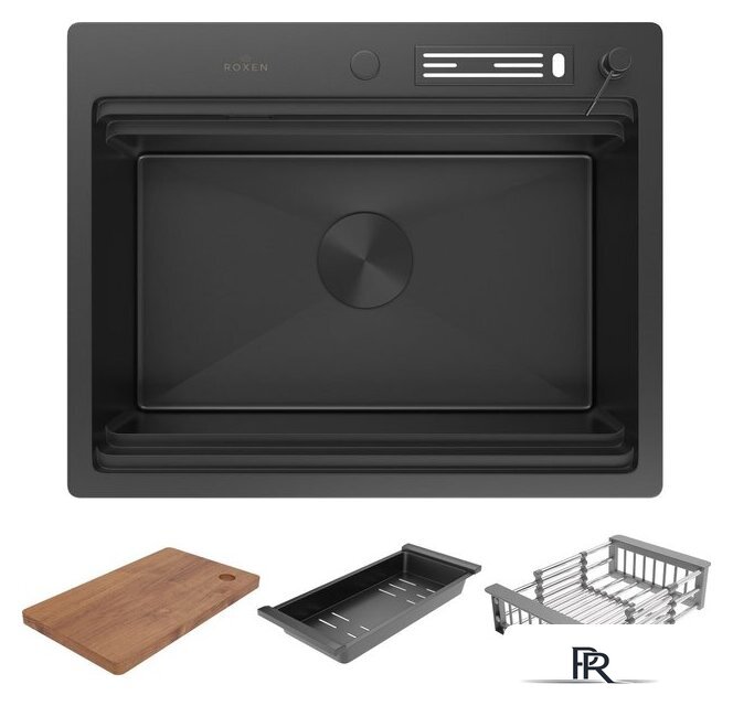 Кухонная мойка Roxen Stage 560250-60B PVD графит (c держателем для ножей, двумя коландерами, разделочной доской и дозатором) - Изображение №3 — Интернет-магазин ПроЗаказ