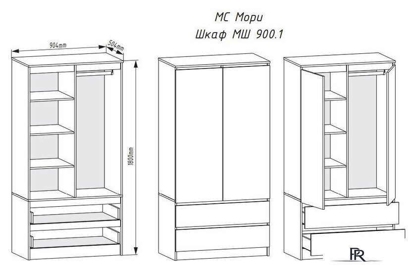 Шкаф распашной ДСВ Мори МШ 900.1 (графит) - Изображение №2 — Интернет-магазин ПроЗаказ
