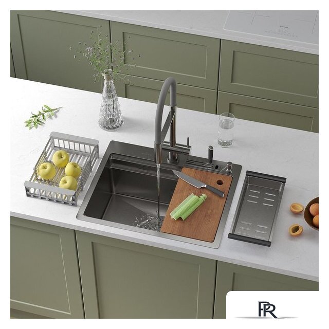 Кухонная мойка Roxen Stage 560250-60 сатин (c держателем для ножей, двумя коландерами, разделочной доской и дозатором) - Изображение №1 — Интернет-магазин ПроЗаказ