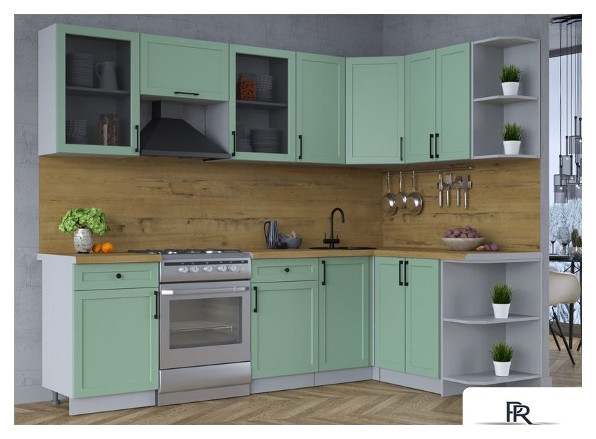 Готовая кухня Интерлиния Тренд 1.5x2.6 правая (мята/мята/дуб бунратти) - Изображение №2 — Интернет-магазин ПроЗаказ