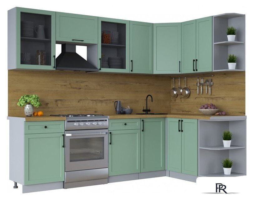 Готовая кухня Интерлиния Тренд 1.5x2.6 правая (мята/мята/дуб бунратти) - Изображение №1 — Интернет-магазин ПроЗаказ