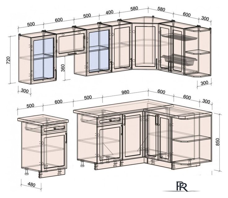 Готовая кухня Интерлиния Тренд 1.5x2.6 правая (мята/мята/дуб бунратти) - Изображение №6 — Интернет-магазин ПроЗаказ
