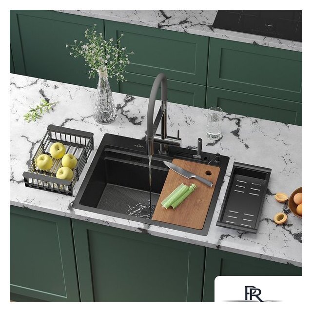 Кухонная мойка Roxen Stage 560250-60-BS оружейная сталь (с держателем для ножей и аксессуарами) - Изображение №1 — Интернет-магазин ПроЗаказ