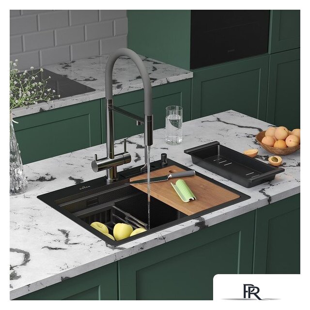 Кухонная мойка Roxen Stage 560250-60-BS оружейная сталь (с держателем для ножей и аксессуарами) - Изображение №2 — Интернет-магазин ПроЗаказ