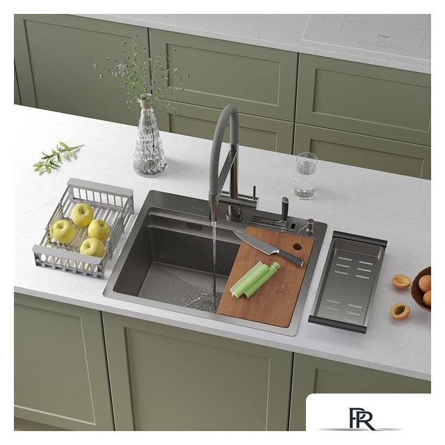 Кухонная мойка Roxen Stage 560250-60-S текстурный сатин (с держателем для ножей и аксессуарами) - Изображение №1 — Интернет-магазин ПроЗаказ