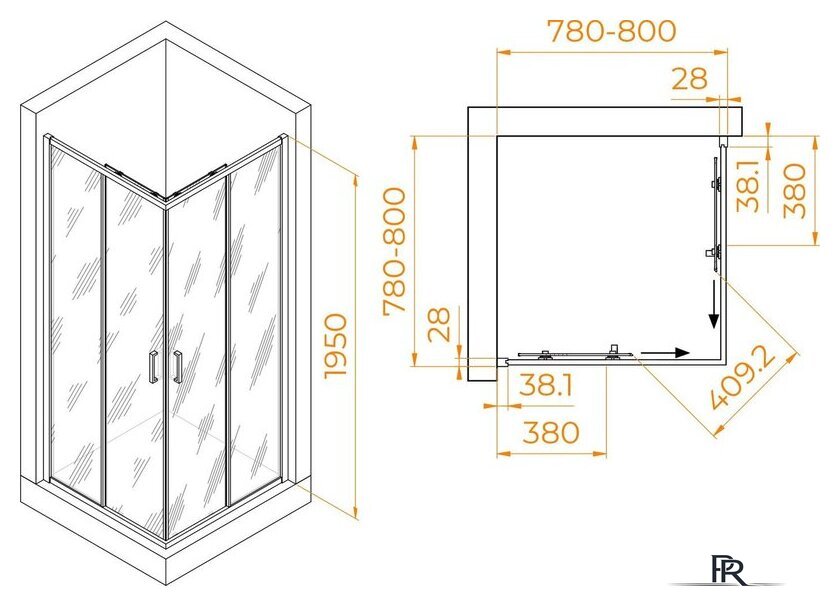 Душевой уголок RGW PA-39 03083988-11 80x80 (хром/прозрачное стекло) - Изображение №2 — Интернет-магазин ПроЗаказ