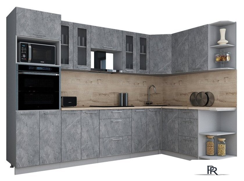 Готовая кухня Интерлиния Мила Gloss 1.68x3.0 правая (керамика/керамика/травертин серый) - Изображение №1 — Интернет-магазин ПроЗаказ