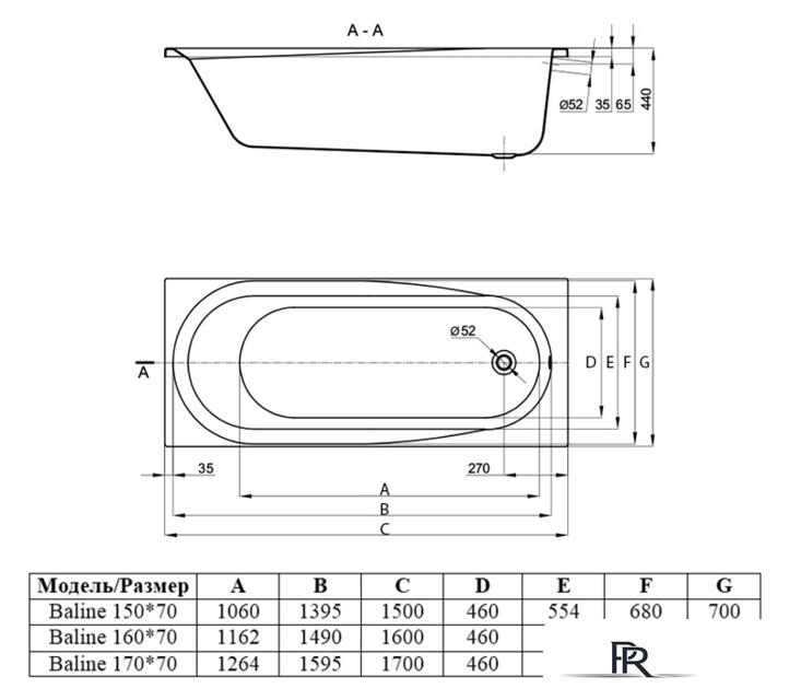 Ванна Alba Spa Baline 150x70 - Изображение №2 — Интернет-магазин ПроЗаказ
