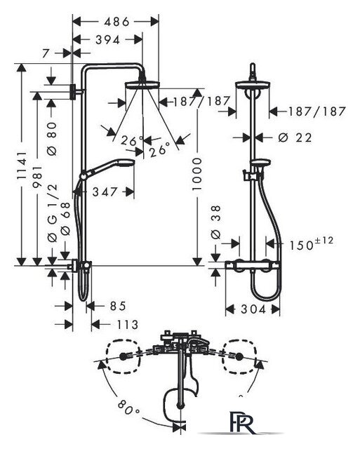 Душевая система  Hansgrohe Croma Select E 180 2jet Showerpipe (27256400) - Изображение №2 — Интернет-магазин ПроЗаказ