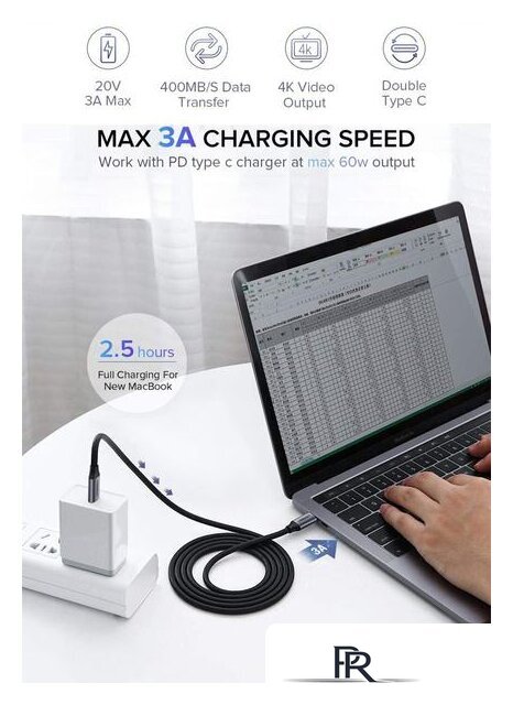 Кабель Ugreen US161 50751 USB Type-C - USB Type-C (1.5 м, черный/серый) - Изображение №3 — Интернет-магазин ПроЗаказ