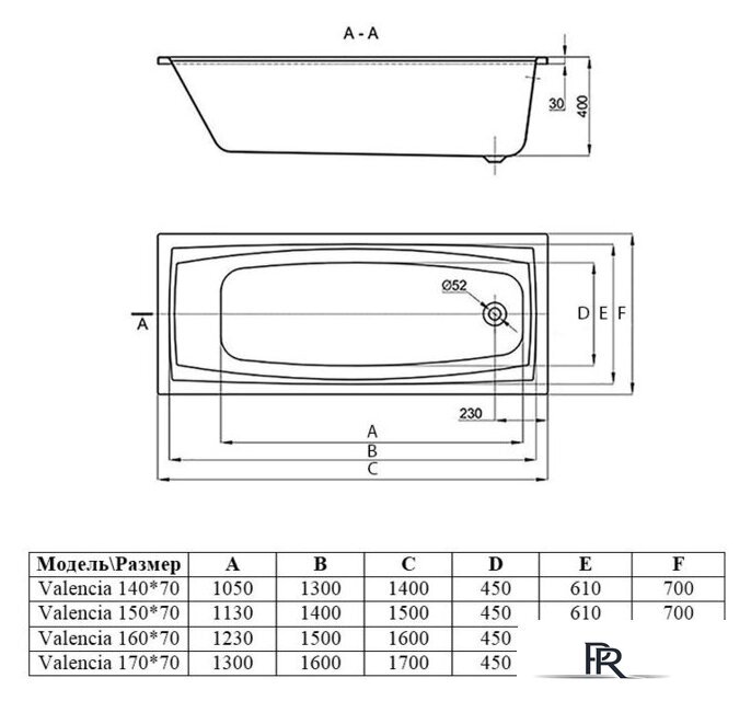 Ванна Alba Spa Valencia 170x70 (с ножками и экраном) - Изображение №2 — Интернет-магазин ПроЗаказ