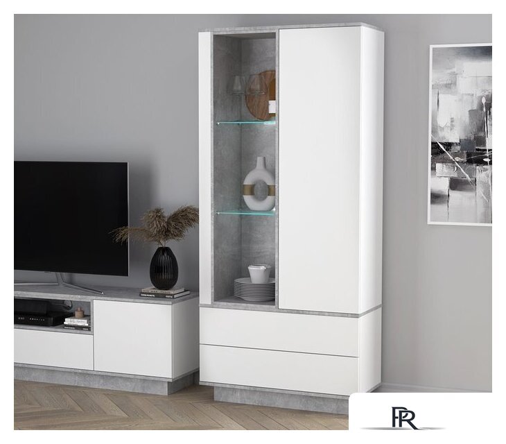 Шкаф-витрина Интерлиния Quartz QZ-ШК1 (белый платинум/бетон) - Изображение №1 — Интернет-магазин ПроЗаказ