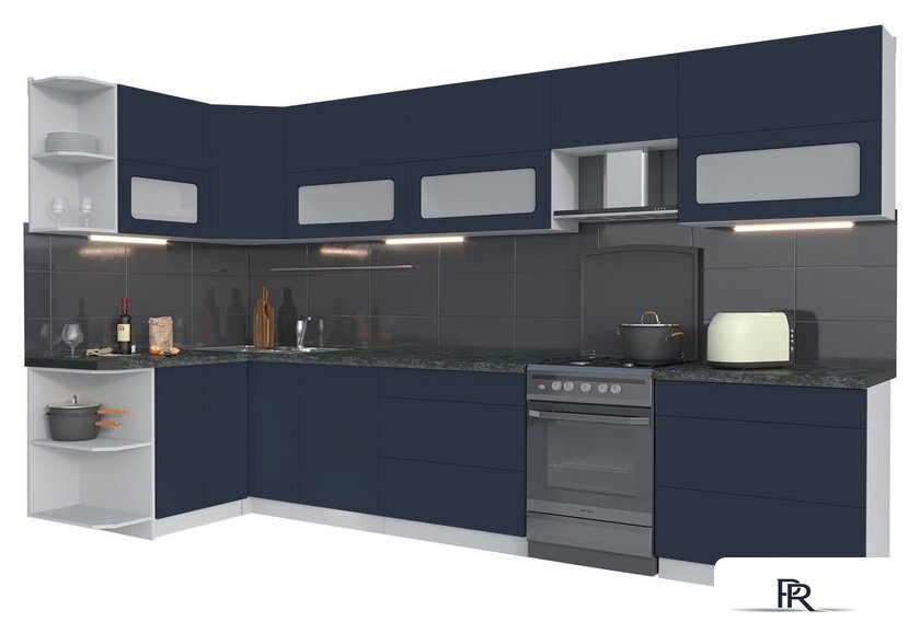 Готовая кухня Интерлиния Мила Матте 1.5x3.6 Б левая (индиго/индиго глянец/кастилло темный) - Изображение №1 — Интернет-магазин ПроЗаказ