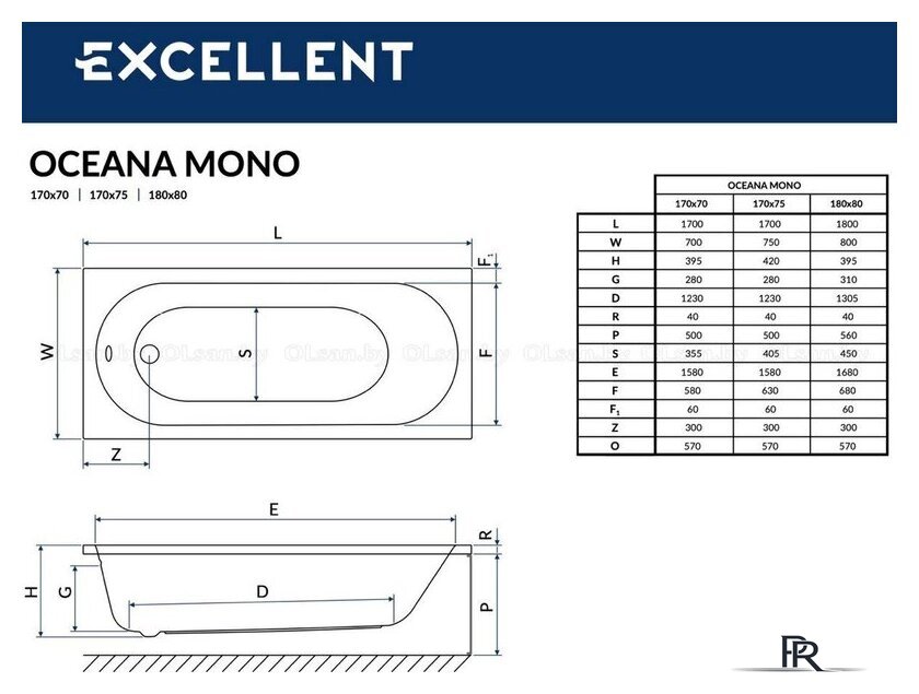 Ванна Excellent Oceana Mono 170x75 (с ножками) - Изображение №2 — Интернет-магазин ПроЗаказ