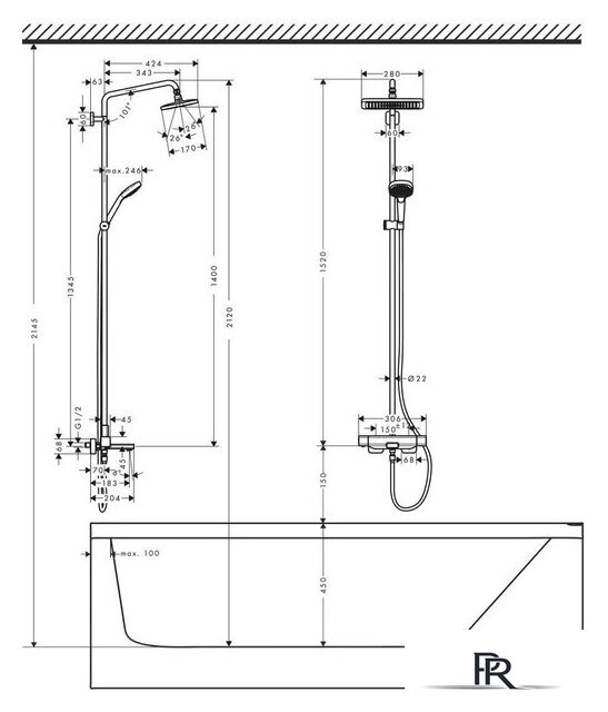 Душевая система  Hansgrohe Croma E Showerpipe 280 1jet 27687000 - Изображение №6 — Интернет-магазин ПроЗаказ