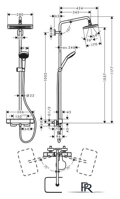 Душевая система  Hansgrohe Croma E Showerpipe 280 1jet 27630000 - Изображение №2 — Интернет-магазин ПроЗаказ