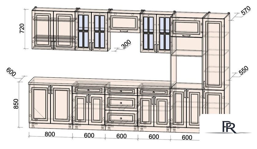 Готовая кухня Интерлиния Мила Шато 3.6В (мята/мята/дуб бунратти) - Изображение №6 — Интернет-магазин ПроЗаказ