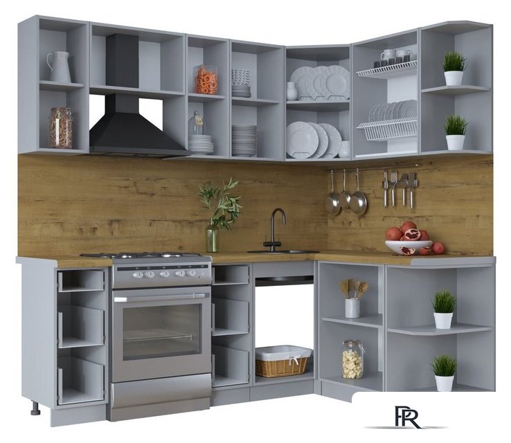 Готовая кухня Интерлиния Тренд 1.5x2.2 правая (луна/белый/серый каспий) - Изображение №3 — Интернет-магазин ПроЗаказ