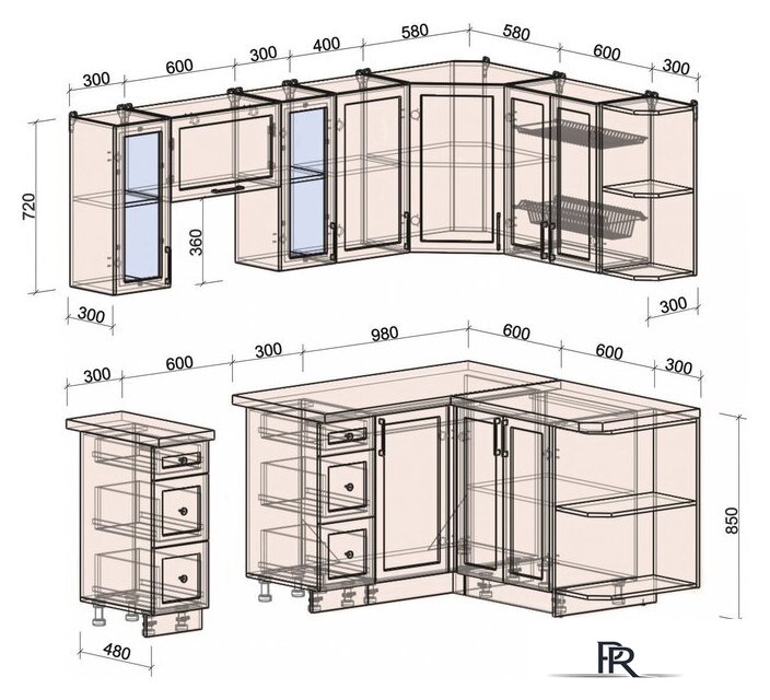 Готовая кухня Интерлиния Тренд 1.5x2.2 правая (луна/белый/серый каспий) - Изображение №6 — Интернет-магазин ПроЗаказ