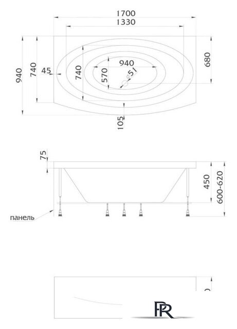 Ванна 1Марка Nega 170x94 (с каркасом и экраном) - Изображение №2 — Интернет-магазин ПроЗаказ