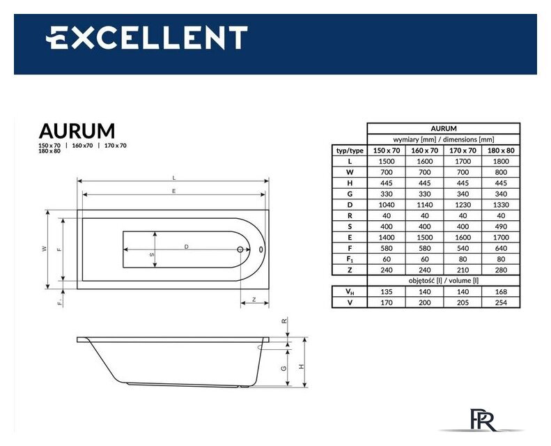 Ванна Excellent Aurum 160x70 (с ножками) - Изображение №3 — Интернет-магазин ПроЗаказ