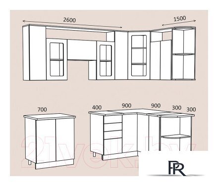 Готовая кухня Артём-Мебель Виола СН-114 со стеклом МДФ 2.6x1.5 Правая (жемчуг текстурный) - Изображение №4 — Интернет-магазин ПроЗаказ