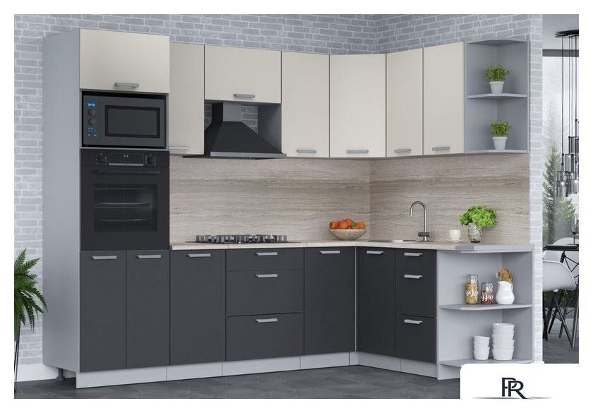 Готовая кухня Интерлиния Мила Лайт 1.68x2.6 правая (персидский жемчуг/антрацит/травертин серый) - Изображение №3 — Интернет-магазин ПроЗаказ