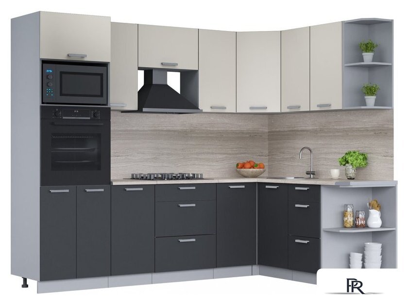 Готовая кухня Интерлиния Мила Лайт 1.68x2.6 правая (персидский жемчуг/антрацит/травертин серый) - Изображение №1 — Интернет-магазин ПроЗаказ