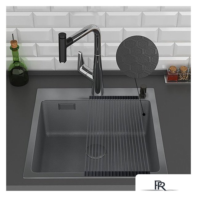 Кухонная мойка Roxen Snake 560220-45-BS PVD графит/текстурная поверхность (с ролл-матом и дозатором) - Изображение №5 — Интернет-магазин ПроЗаказ