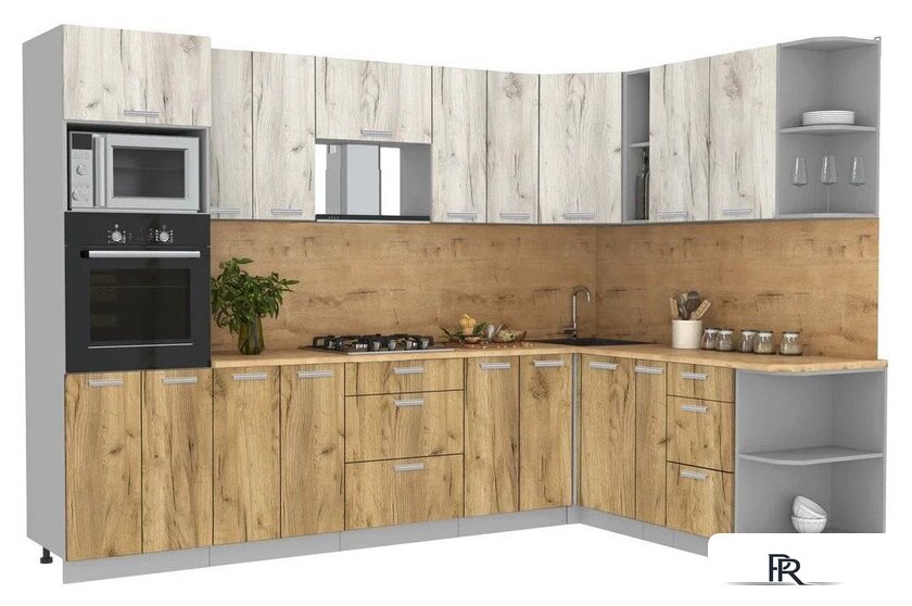 Готовая кухня Интерлиния Мила Лайт 1.88x3.0 правая (дуб белый/дуб золотой/дуб бунратти) - Изображение №1 — Интернет-магазин ПроЗаказ