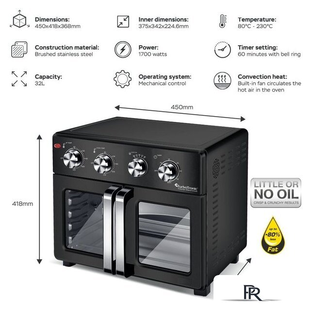 Мини-печь TurboTronic TT-AF32MFD (черный) - Изображение №3 — Интернет-магазин ПроЗаказ